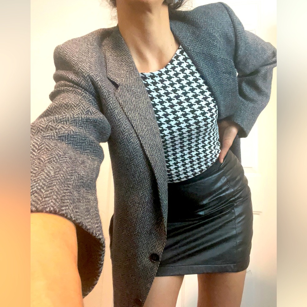 Cottage Core English Cut Wool Blazer: Blue/Grey with subtle grey elbow patches.